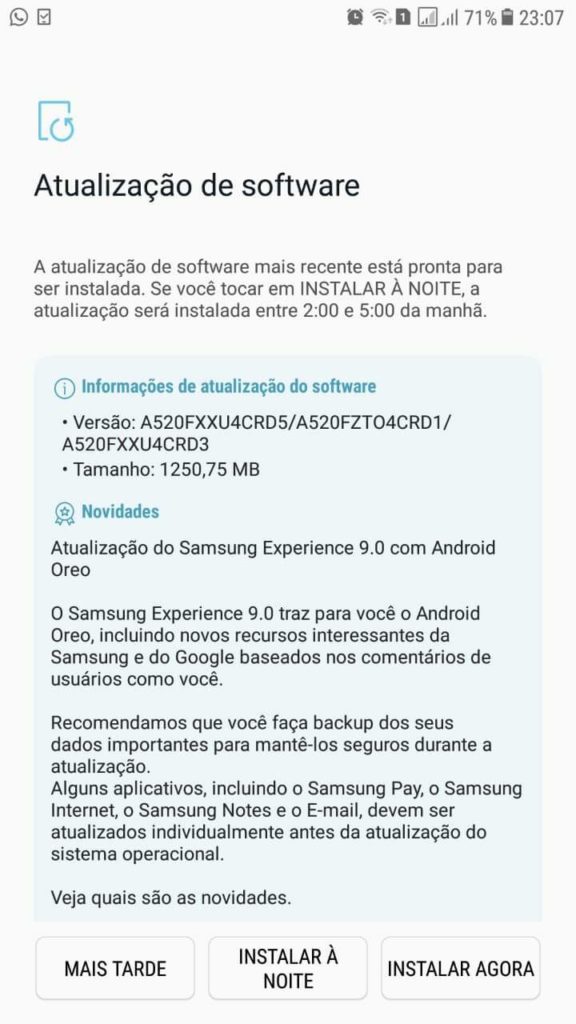 Detalhes do download da atualização do Galaxy A5 2017 para Android 8 Oreo - Mobizoo