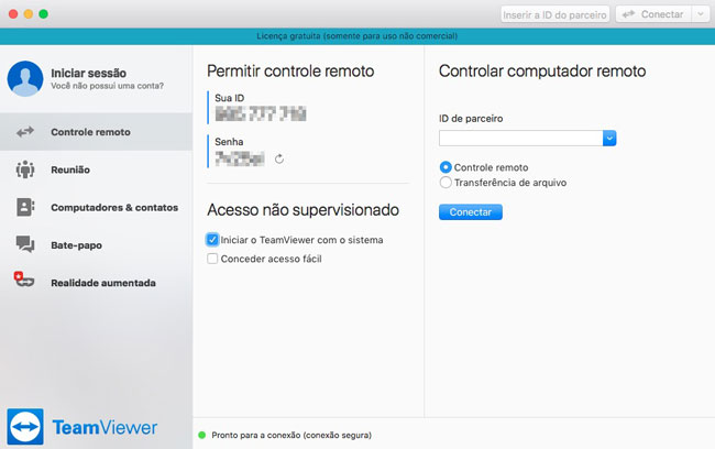 Tela de acesso remoto ao Mac- TeamViewer