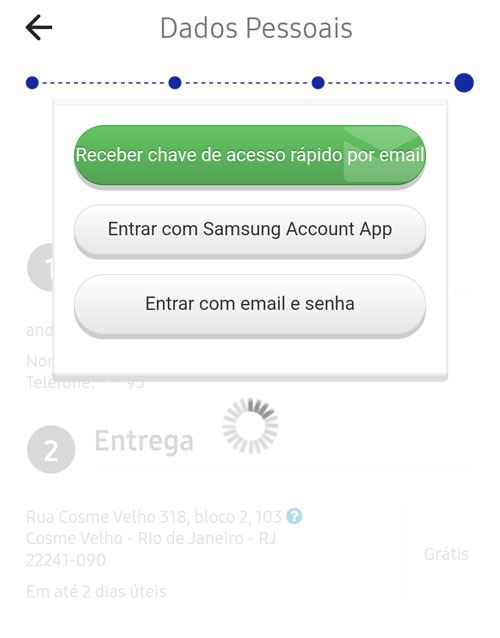Problema na tela de conclusão de pagamento na Loja Online Samsung
