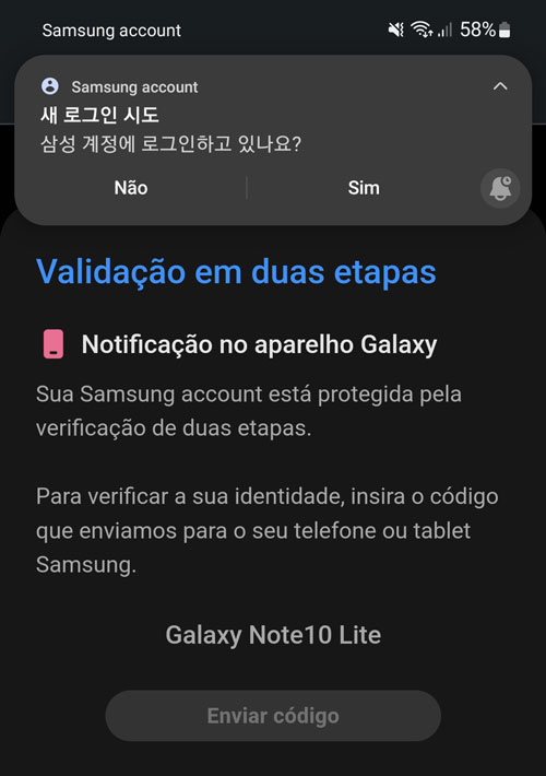 Notificação em coreano da Samsung
