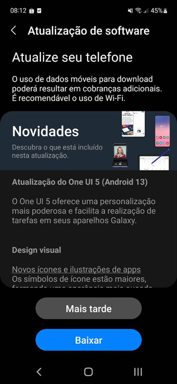 Tela de atualização do Galaxy S21 FE para Android 13