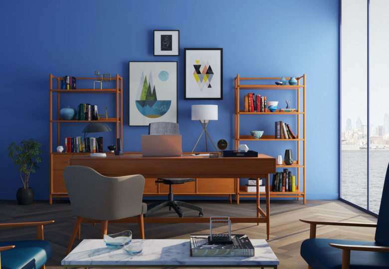 Imagem de escritório em casa com decoração confortável e luz natural
