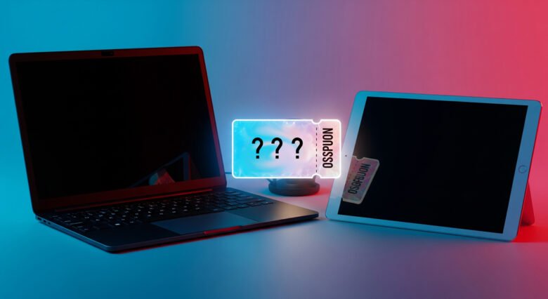 imagem mostrando um notebook, uma tablet e um cupom de desconto com 3 interrogações no meio