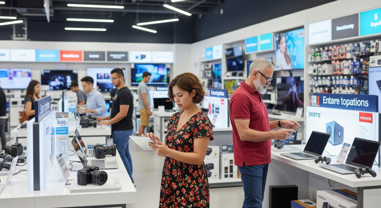 Imagem mostrando consumidores analisando produtos e preços numa loja de eletrônicos