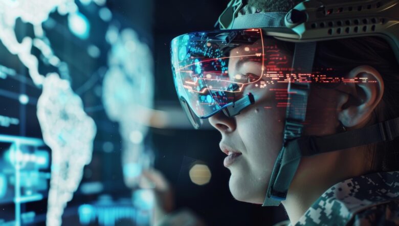 Mulher com óculos futurista olhando para uma interface digital