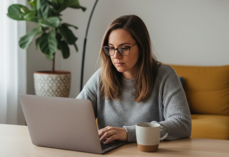 Imagem de uma mulher trabalhando em casa usando um notebook.