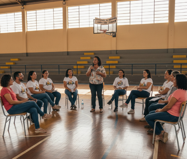 Imagem mostrando uma reunião da associação de moradores de um bairro numa quadra poliesportiva Imagem mostrando uma reunião da associação de moradores de um bairro numa quadra poliesportiva