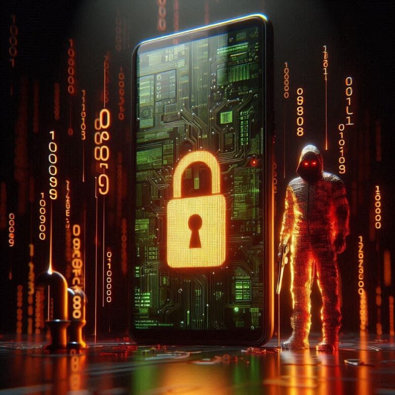 Imagem mostrando um celular gigante com um cadeado dourado aparecendo na tela Imagem mostrando um celular gigante com um cadeado dourado aparecendo na tela