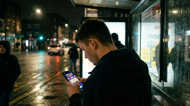 homem jogando no celular num ponto de ônibus à noite