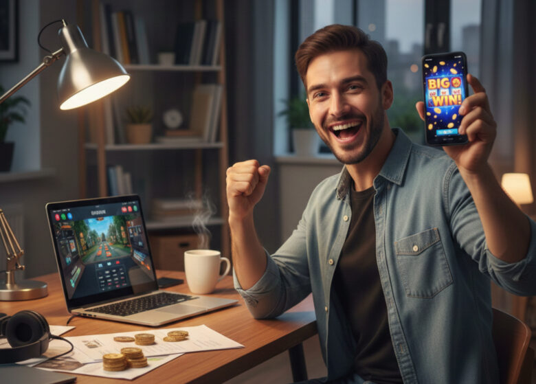 Imagem de um homem em seu home office comemorando sua vitória num jogo online de celular