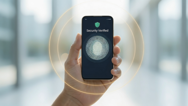 Imagem de uma mão segurando um celular que mostra o símbolo de biometria na tela