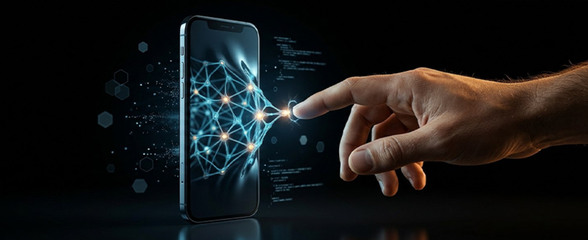 Inteligência artificial em smartphone: o futuro em 2026 Imagem mostrando uma mão masculina tocando uma ilustração de rede que sai da tela do smartphone