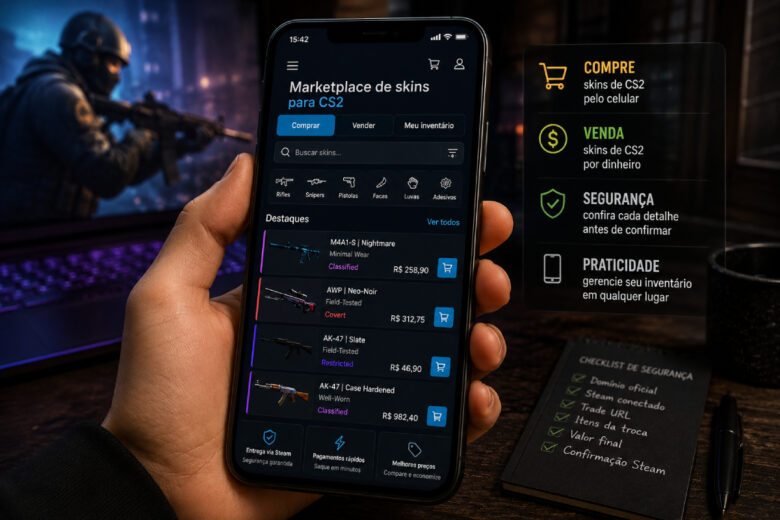 Como os marketplaces de skins de CS2 funcionam no celular: compra, venda e segurança Imagem mostrando interface do marketplace de skins de cs2 no celular