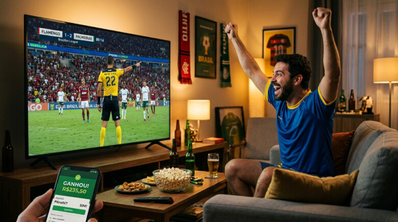 Como ganhar apostas por meio da arbitragem esportiva Homem assistindo a um jogo de futebol na TV, torcendo para o árbitro.
