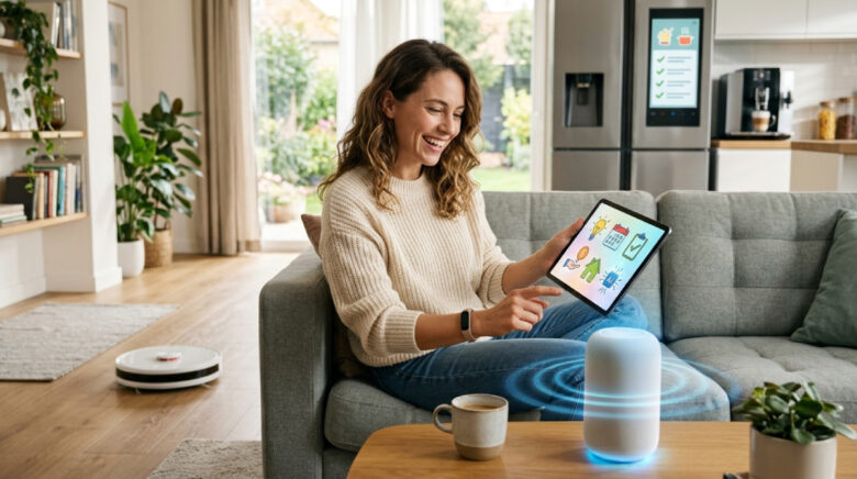 5 maneiras de usar inteligência artificial para facilitar tarefas do dia a dia Imagem de capa do artigo mostrando uma mulher usando várias aplicações de casa inteligente