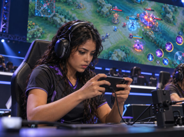 Leon Esports conquista título de Mobile Legends após sete jogos Jogadora profissional participando de uma competição de esports no celular.